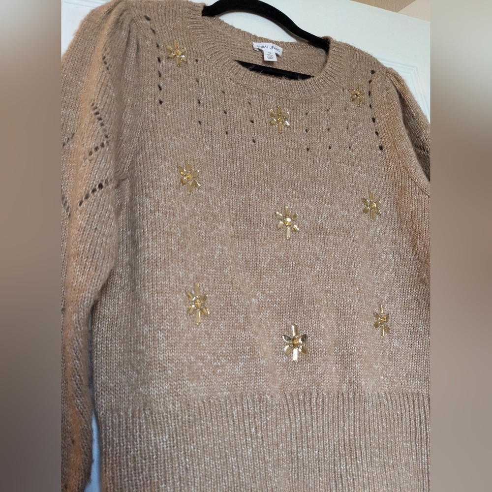 Tribal Tan Brown Sweater Jeweled Gem Eyelet Victorian Sleeve Knitted Unique S